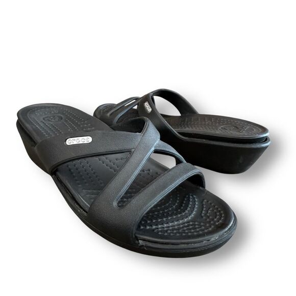 Crocs Patricia Black Criss Cross Wedge Sandals Women's Size 7 - Picture 5 of 12